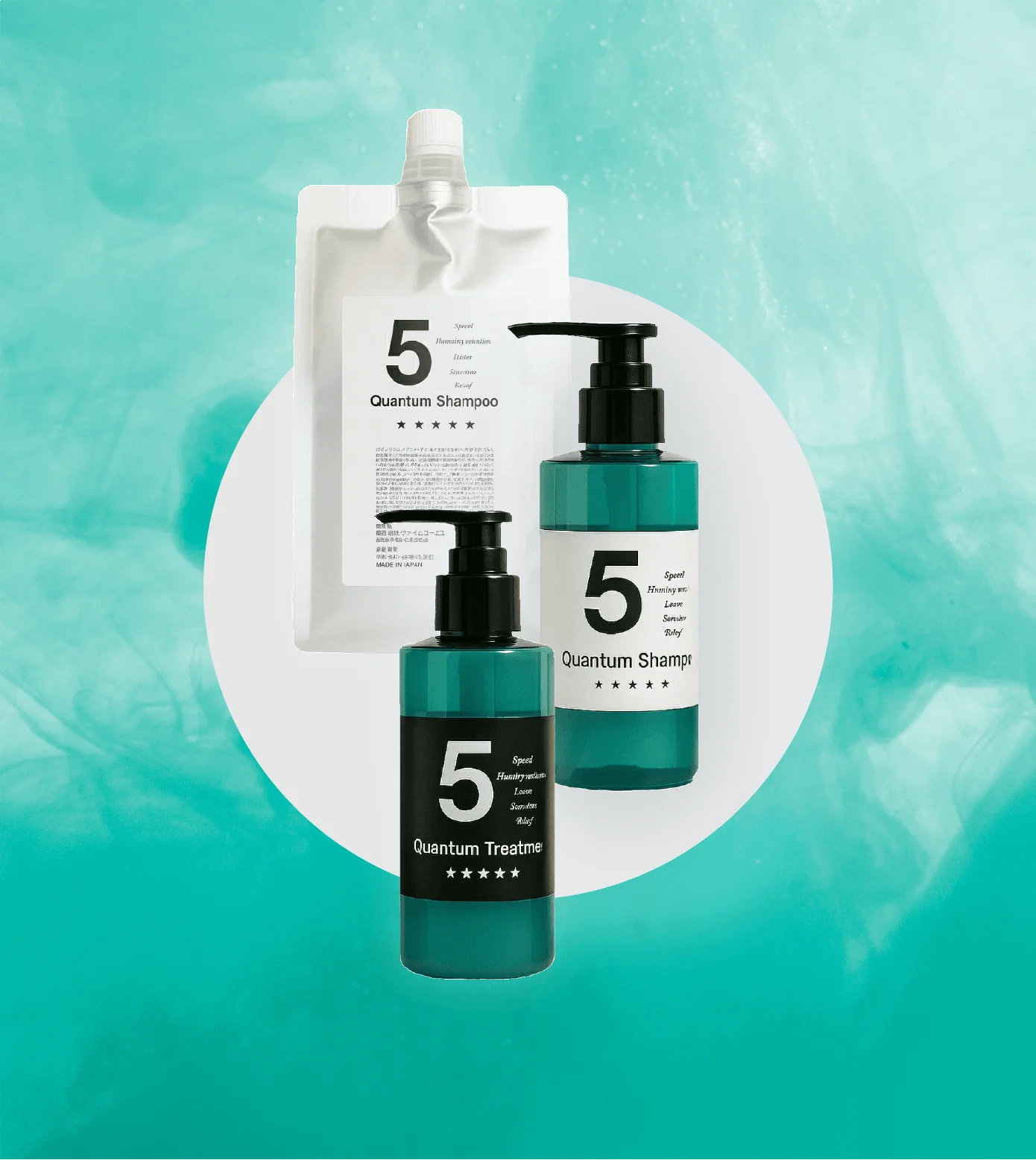 5QATM hair care product collection featuring shampoo, treatment, and styling products